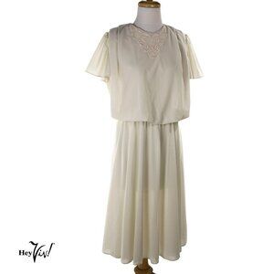 Vintage Ivory Dress w Lace Applique Blouson Top Full Skirt Size L B38 - Hey Viv